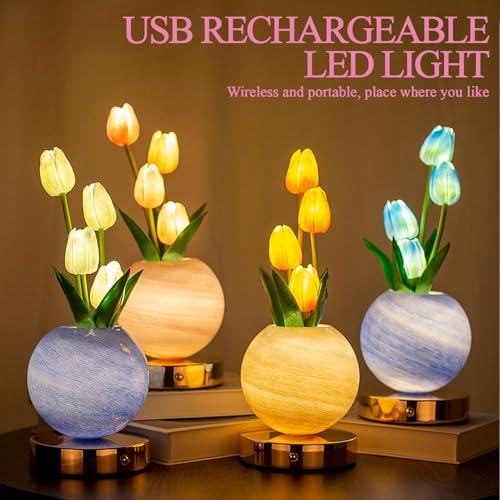 Tulip Table Lamp, Rechargeable Cordless Touch Dimming Artificial Tulip Flower Desk Lamp, LED Flower Bedside Night Light Romantic Gifts for Girl Women Mom (Pink) - color: Pink