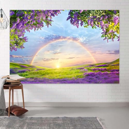 7 X 5 ft Lavender Flower Field Backdrop Photography backdrops Purple Flower Lavender Green Grass Lilac Flowers Sunset Sky Rainbow Party Background Photography Studio Backdrop - size: 7x5ft