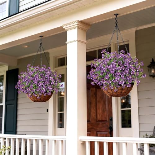 GLIDLION 12 Bundles Artificial Morning Glory & Eucalyptus for Outdoor, Realistic Fake Silk Flower UV Resistant Faux Plant for Front Door Patio Garden Farmhouse Decor (Purple) - color: Purple