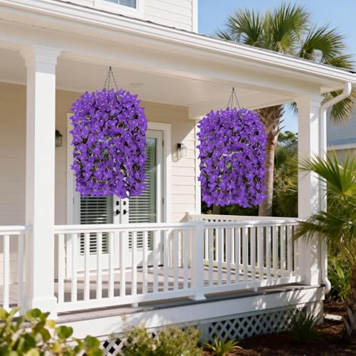 Artificial Bougainvillea Fake Artificial Flower Hanging Baskets for Outdoors Outside Decoration 2 Set Purple Silk UV Resistant Flower Long Trailing Realistic for Front Porch Patio Balcony Spring