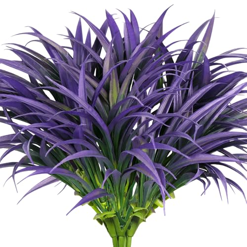 Ouddy Decor 20 Pcs Fake Outdoor Plants Artificial Grass Greenery Stems Faux Plastic Plants UV Resistant for Spring Summer Indoor Outside Garden Hanging Planter Porch Window Box Home Decor, Purple - color: Purple