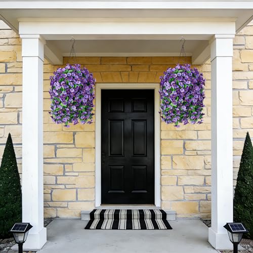 INXUGAO Artificial Flowers with Hanging Basket, Outdoor Faux Plants Silk Morning Glory Vines, Fake Green Arrangement for Garden Patio Spring Summer Decor(4 pcs,Purple) - color: Purple