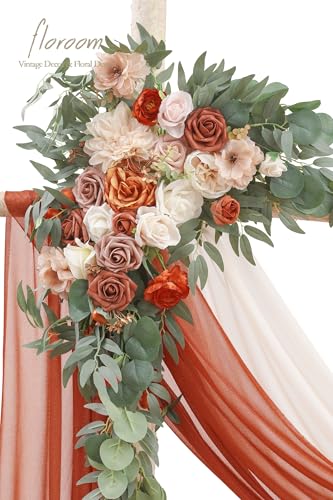 Floroom Arch Flowers with Drapes Kit (Pack of 4) - 2pcs Artificial Terracotta & Cream Floral Swag Arrangement with 2pcs Draping Fabric for Wedding Ceremony Arbor and Reception Backdrop Decoration - color: Terracotta & Cream