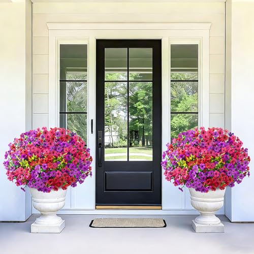 Artificial Flowers for Outdoors, 34 Bundles UV Resistant Fake Outdoor Flowers, Realistic Faux Outdoor Flowers for Decoration, Outside Fake Plants for Porch Garden Decor, Mixed Rose Red Purple - color: Mixed Purple, size: 34 Pack