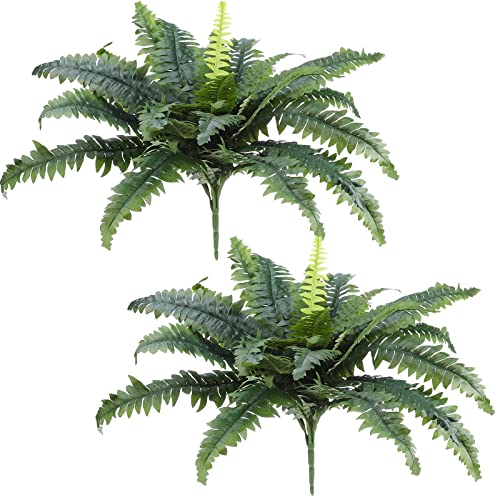 Jutom 2 Pcs Artificial Ferns for Outdoors 22 Inch Large Faux Artificial Boston Fern Fake Bush Plants with 28 Branches Realistic Natural Shrubs Plant for House Office Garden Porch Decor