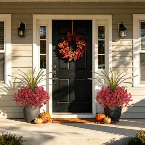Artificial Flowers for Fall Outdoors Fake Plants Outside, 12 Bundles Silk Morning Glory with Eucalyptus UV Resistant Realistic Faux Flowers for Porch Planter Garden Patio Decor (Reddish Brown) - color: Reddish Brown