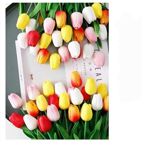 Artificial Tulips 12Pcs Real Touch Fake Tulips PU Flower Arrangement Bouquets for Home Party Decoration (Colorful) - color: Colorful