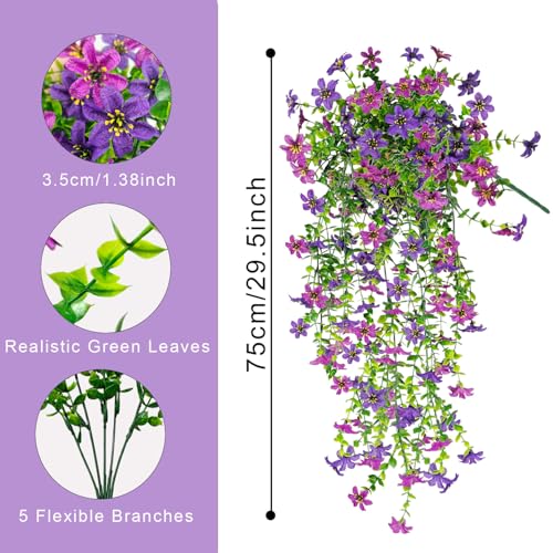 4 PCS Artificial Hanging Flowers for Outdoors, Fake Hanging Plants UV Resistant Faux Silk Daisy with Eucalyptus Leaves for Outside Home Indoor Planter Porch Patio Balcony Yard Decor (Double Purple) - color: Double Purple