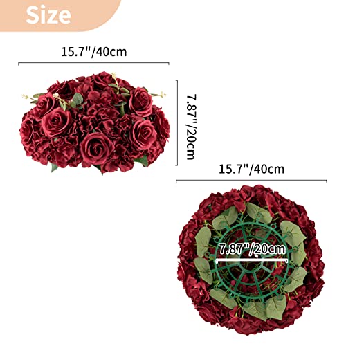 Nuptio Flower Balls for Wedding Centrepieces - 2 Pcs 15.7 inch Diameter Large Burgundy Artificial Flowers Roses Ball Fake Flower Arrangement Bouquet Faux Rose for Wedding Party Centrepiece Decorations - color: Burgundy, size: 15.7" Diam - 2 PCS
