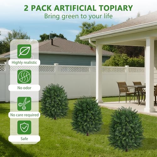 Yangrass Artificial Set of 2 Cedar Topiary Ball Trees 27" for Outdoors with Ground Spike, UV Resistant Faux Cypress Plants, Evergreen Shrubs Bushes for Front Porch Garden Backyard Decor - color: Large Size Cedar