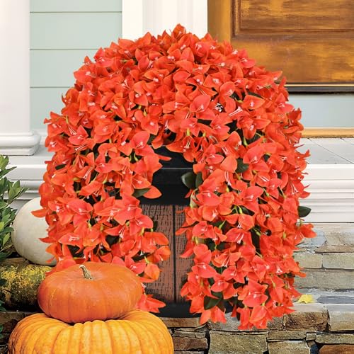 4 Pcs Artificial Flowers for Outdoors Decoration, Realistic Faux Silk Bougainvillea Flowers, Fake Hanging Plants for Porch Patio Balcony Decoration (Orange) - color: Orange, size: 4 Pcs