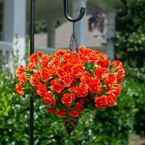 Artificial Faux Flowers Plants for Spring Outdoor Outside Decor, Fake Silk Orange Camellia UV Resistant Look Real for Autumn Planter Porch Patio Balcony Garden Yard Decoration, 3 Large Bundles - color: Fall Orange