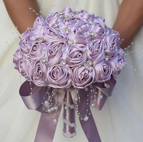 Ujicde Romantic Wedding Bouquet Bridal Bridesmaid Round Bling Brooch Bouquet Throw Toss Artificial Rose Flower Bunch with Sparkle Rhinestone Crystal Decoration(Purple#,Dia. 6.3"*16cm) - color: Purple#, size: Dia. 6.3"*16cm