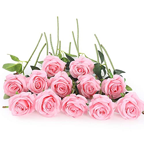 Laelfe 12 PCS Artificial Flowers Pink Roses Fake Silk Flowers Long Stem Artificial Roses for Home Wedding Decorations (Pink) - color: Pink