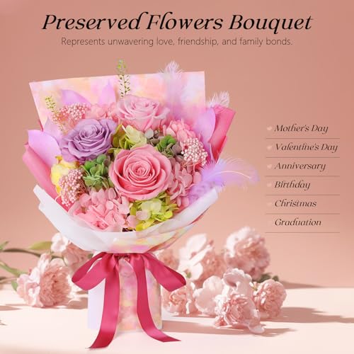 Preserved Flowers Bouquet 3 Roses - Pink Real Rose & Flowers for Delivery, Eternal Roses Bouquet with Gift Box, Anniversary Birthday Valentine Gifts for Women Mom Grandma Her Wife Girlfriend - color: Pink