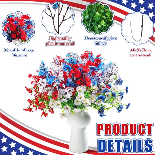 Giegxin 24 Pcs Red Blue White Patriotic Artificial Flowers 4th of July 250th Anniversary Table Centerpieces Decor Fake Baby's Breath Pick Stems Memorial Day for Veterans Home Gypsophila Outdoor Decor
