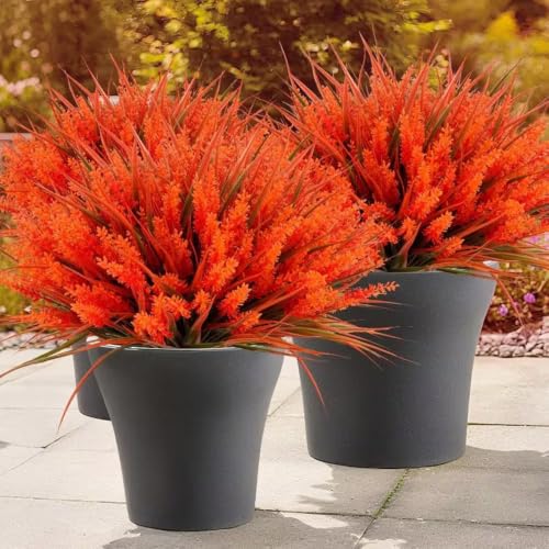 Artificial Plants Outdoor, 12 Bundles Fake Grass with Flowers Pot Garden Decor,Fake Monkey Grass with Flowers for Pot UV Resistant (12, Autumn) - color: Autumn