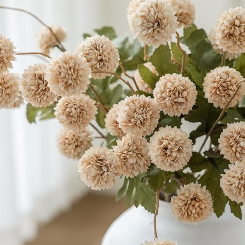 mizii 6Pcs Beige Fake Silk Pompon Mum Artificial Flowers Bulk Small Faux Chrysanthemums with Stems Realistic Floral Decorations for Wedding DIY Bouquet Centerpieces Shower Vase Home Decor (Beige) - color: Beige