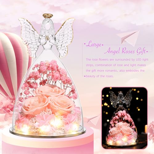 Mothers Day Rose Gifts for Women Preserved Real Flower in Glass Angel Figurines Roses for Delivery Prime Birthday Gifts for Mom Grandma Girlfriend Wife Her, Champagne - color: Champange