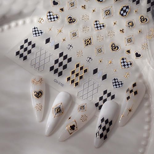 Maillard Style Nail Stickers - 1PCS Bronzing Heart Star Nail Adhesive Stickers Black Diamond Shaped Nail Art Decals with Gold Edge Designs Acrylic Supplies for Women Manicure Decor - style: Style12-Maillard Stripe