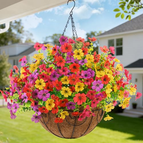 Artificial Flowers Hanging Baskets, 12 Bundles Faux Flower Outdoor Hanging Basket Spring Summer Decoration, Fake Flowers Plants for Porch Patio Balcony Home Yard Decor - color: Light Purple,red,yellow,rose Red