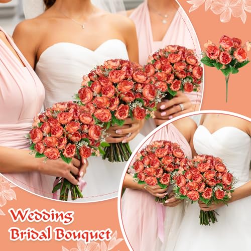 12 Bundles Peonies Artificial Flowers Fake Peony Bouquet Faux Peonies Flowers Bulk with Stems Flower Balls for Centerpiece Table Decorations Wedding Bridal Floral Arrangement (Orange) - color: Orange