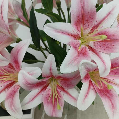 6 Pcs Light Pink Lilies Artificial Flowers,Faux Lily Flowers,23 Inch Long Stem Tiger Lily Branch with 3 Full Blooms and 4 Leaves, Latex Real Touch Lilium Flower for Wedding Bouquet - color: Light Pink