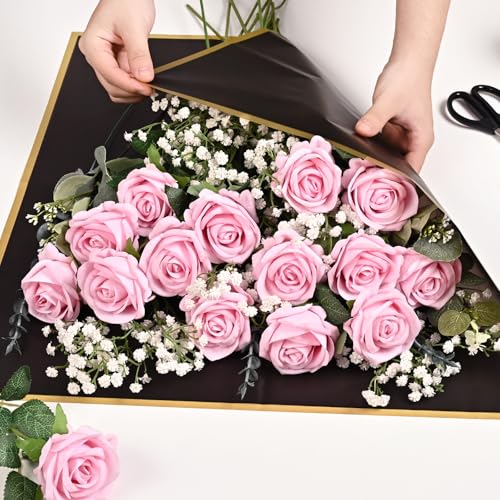 Waipfaru Pink Roses Artificial Flowers Bulk, Real Touch Velvet Roses with Wrapping Paper, 50 Pcs Fake Flowers for Wedding Centerpieces Bridal Bouquet Valentines Mothers Day Decor - color: Pink, size: 50 Pcs