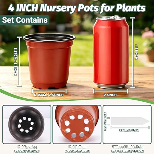 STARSIDE 100 Pack 4 Inch Nursery Pots, Durable Plastic Plant Pots for Seedlings, Seed Starter Pots with Drainage Holes, Come with 100 Plant Labels for Vegetables, Flowers, and Succulent Cuttings