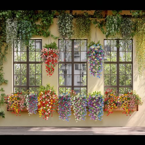 8 Pcs Artificial Hanging Flowers for Outdoors Fake Morning Glory for Home Decoration UV Resistant Mixed Color Greenery and Flowers for Porches Gardens Yard Decor (Cold Color) - color: Cold Color