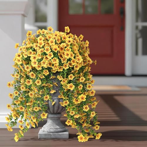 VIERENA 4 Bundles Artificial Hanging Morning Glory Flowers for Outdoor, Realistic Hanging Flowers Silk Fake Morning Glory with Faux Eucalyptus for Yard Garden Porch Patio Balcony Home Decor (Yellow) - color: Yellow