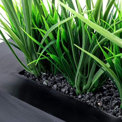 MyGift Large Artificial Green Grass Plants Potted in 14-Inch Matte Black Wood Decorative Planter, Tabletop Faux Greenery in Wooden Rectangular Pot Centerpiece Décor - color: Black, size: 14 Inch