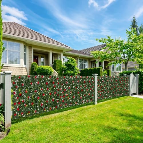 Expandable Fence Privacy Screen with Artificial Flower, Greenery Expandable Stretchable Covers Panel Privacy Fence for Balcony Patio Garden, Single Sided Leaves (Red Geranium, 2 Pack) - color: Red Geranium, size: 2 Pack