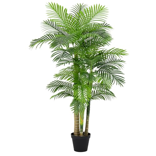 6FT Artificial Palm Tree - Tropical Faux Golden Cane Palm Tree UV Resistant Tall Fake Plant Indoor with Black Pot for Home Office Living Room Indoor Outdoor Decor Housewarming Gift