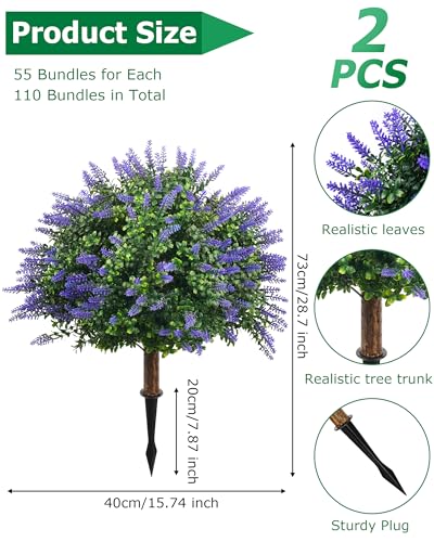 27.55'' Artificial Lavender Topiary Trees, 2 Sets Faux Boxwood Topiary with Spikes,Fake Shrubs Plants for Outdoor Planters, UV Resistant Round Topiary Bush Pot Filler for Front Porch Garden Home Decor - color: Lavender Boxwood-27.55"
