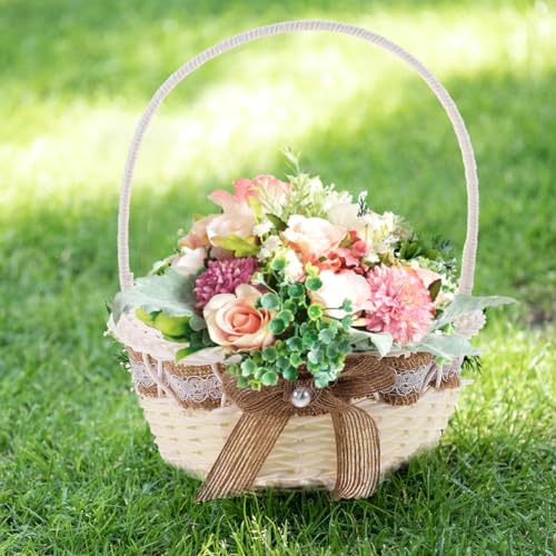 Flower Girl Basket for Wedding Rustic Handle Basket with Lace Design Hand-Woven Imitation Rattan Petal Holder for Ceremony Party Decor Photo Prop 8.26 X 7.08 X 7.08 in 1 Pc