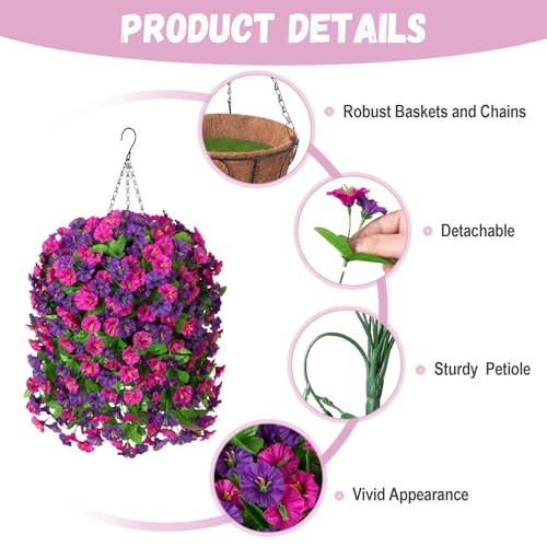 INXUGAO Artificial Flowers with Hanging Basket, Outdoor Faux Plants Silk Morning Glory Vines, Fake Green Arrangement for Garden Patio Spring Summer Decor(4pcs,Purple Red Violet) - color: Purple Red Violet