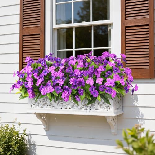 Artificial Impatiens Flowers for Outdoors, 6 Bundles Silk Fake Flowers for Spring Summer Decoration, UV Resistant Faux Plants Plastic Bouquet for Home Planter Porch Patio Yard Decor(Double Purple) - color: Double Purple