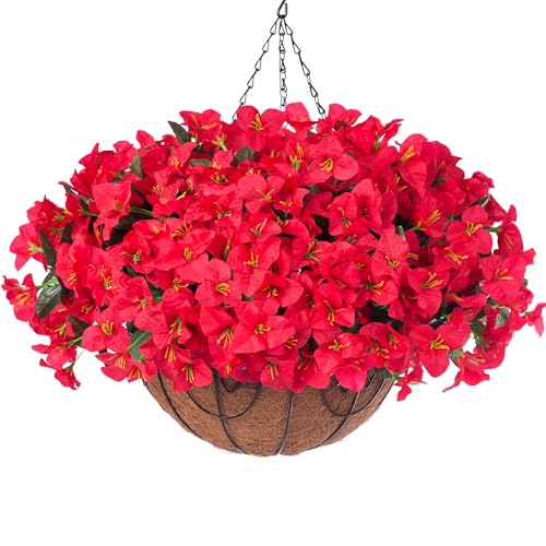 Artificial Fake Hanging Flowers for Outdoors Basket Spring Decor, Bougainvillea Faux Hanging Plants Outdoor Silk Flower in Planter Look Real UV Resistant for Outside Porch Patio Garden Yard Home, Red - color: Red-new