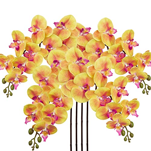 4 Pcs Artificial Orchid Flowers 9 Large Heads of Real Touch Vivid Phalaenopsis Orchid Flower Stem 36'' Tall, Artificial Flowers Branches for Home Decor, Office House Decoration-Yellow Phalaenopsis - color: Yellow #12