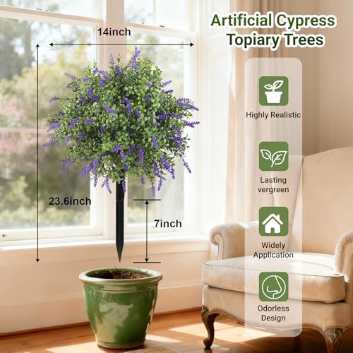 Artificial Topiary Bushes with Ground Spike Set of 2, Faux Boxwood Ball Trees for Outdoor, Fake Shrubs Bushes Decorations for Indoor Front Porch Garden - UV Resistant Faux Plants - Purple Lavender - color: Purple Lavender