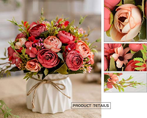 TKAS Artificial Flowers Fake Flowers Silk Rose Bouquets Decoration with Ceramics Vase for Table Home Office Wedding (Red Bud) - color: Red Bud