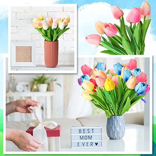 Jexine 100 Pcs Artificial Real Tulips Fake Artificial Tulip Flower Bulk Bouquet with Stem for Table Centerpieces Wedding Bridal Easter Mother's Day Garden Home Decor, 13.4''(Multicolor) - color: Multi Color