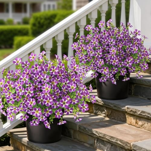 VIERENA 2 Set of Artificial Morning Glory & Eucalyptus Topiary Trees - Faux Silk Flower Potted Plants, UV-Resistant Fake Outdoor Morning Glory Bushes for Front Door, Farmhouse, Garden Decor (Purple) - color: Purple