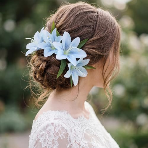 20Heads Blue Faux Lily Artificial Flowers 4 Bundles Fake Silk Flowers with Stems Lily Flowers for Wedding for Home Party Indoor Easter Table Floral Arrangement Decor (Blue) - color: Blue