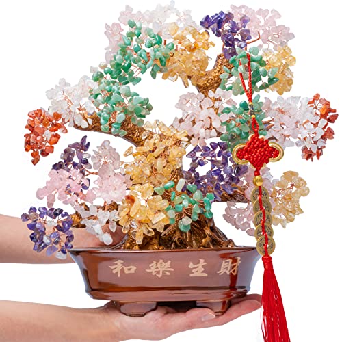 Natural Large Chakra Crystal Tree14, Included Lucky Coins Chain, Tree of Life(1251 Gemstone Count) with Healing Properties- Bonsai Feng Shui Money Tree for Good Luck and Wealth - color: Multicolor
