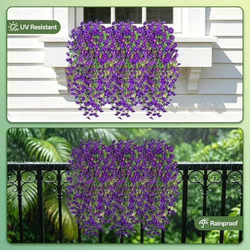 Artificial Hanging Flowers for Outdoors, 4 PCS UV Resistant Morning Glory Flowers with Eucalyptus Leaves, Silk Fake Flower Realistic Faux Plants for Home Patio Porch Garden Decor, Purple - color: Purple