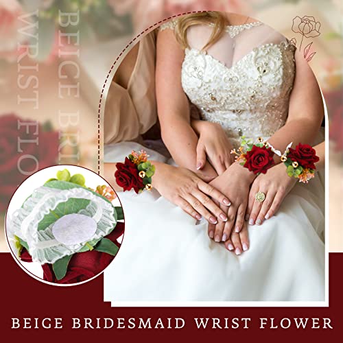 Sherr Wine Red Set of 12 Rose Wrist Corsages for Wedding Corsage Flower Wristlet Floral Wedding Wrist Bridal Rose Leaf Hand Flowers for Bride Bridesmaid Prom Engagement Festival - color: Wine Red