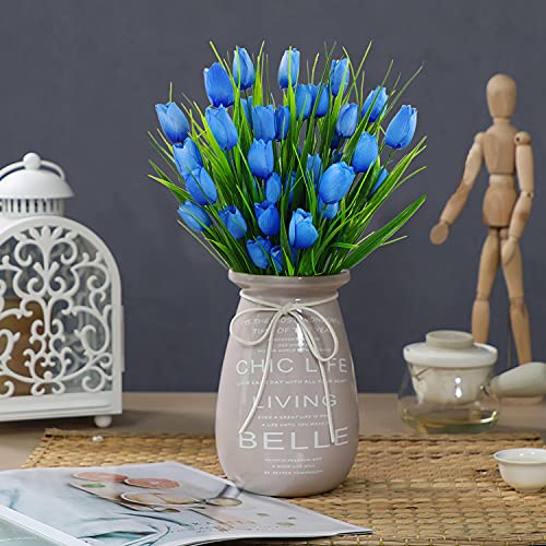 8 Bundles Outdoor Artificial Tulips Fake Flowers UV Resistant Faux Plastic Greenery Shrubs Plants for Home Outside Garden Porch Window Farmhouse Decor (Blue) - color: Blue