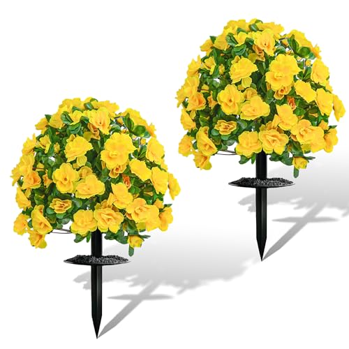 Artificial Flowers for Outdoors, Faux Outdoor Plants Fake Plants Topiary Balls Artificial Outdoor Set of 2 with Ground Spike for Home Front Porch Patio Garden Decor (Yellow) - color: Yellow